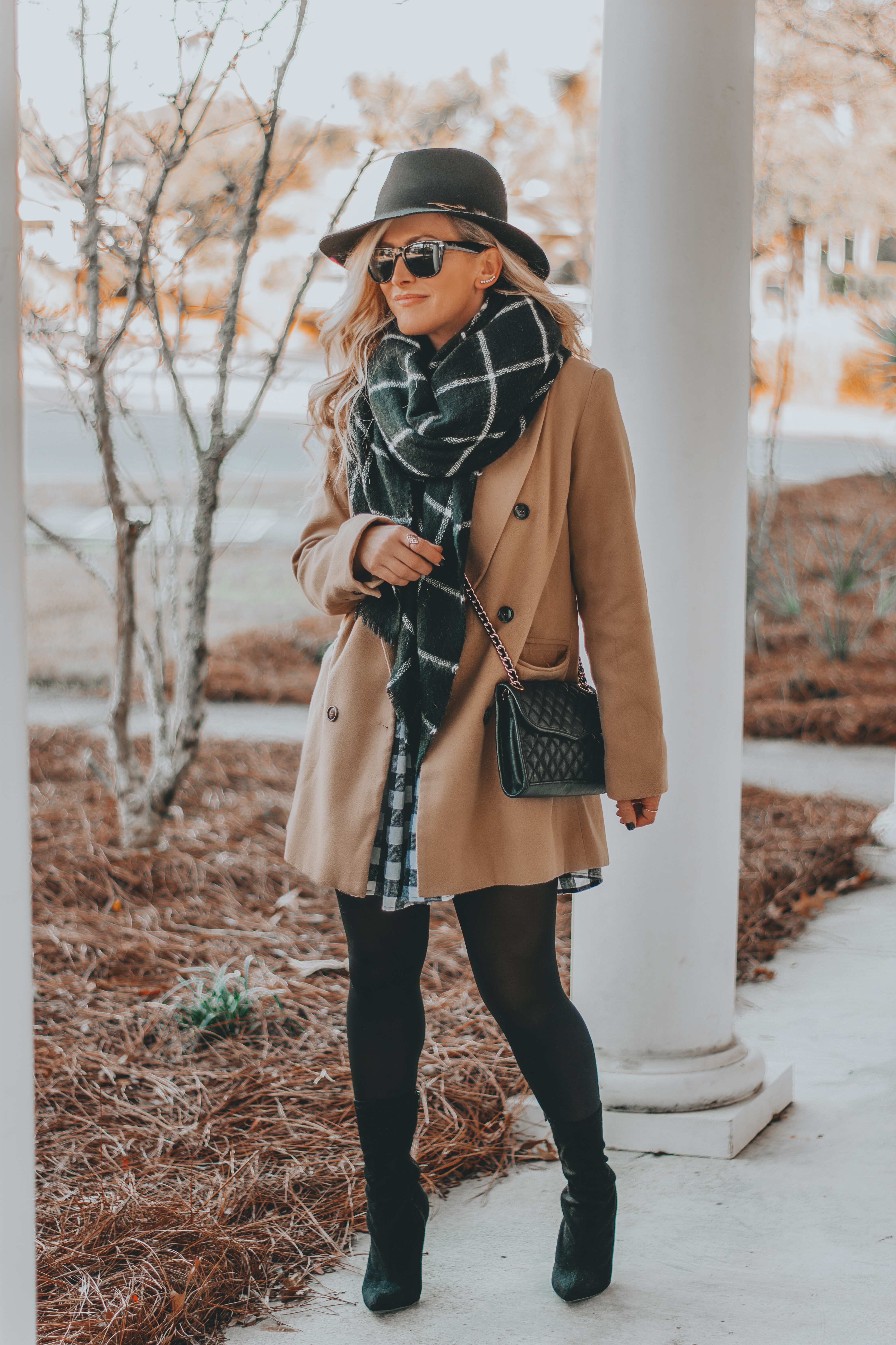 New Year, New Goals | What I Plan to Focus on in 2019 : sharing my budget friendly black and white plaid dress and camel coat ootd, as well as my 2019 new year goals. BreeAtLast.com